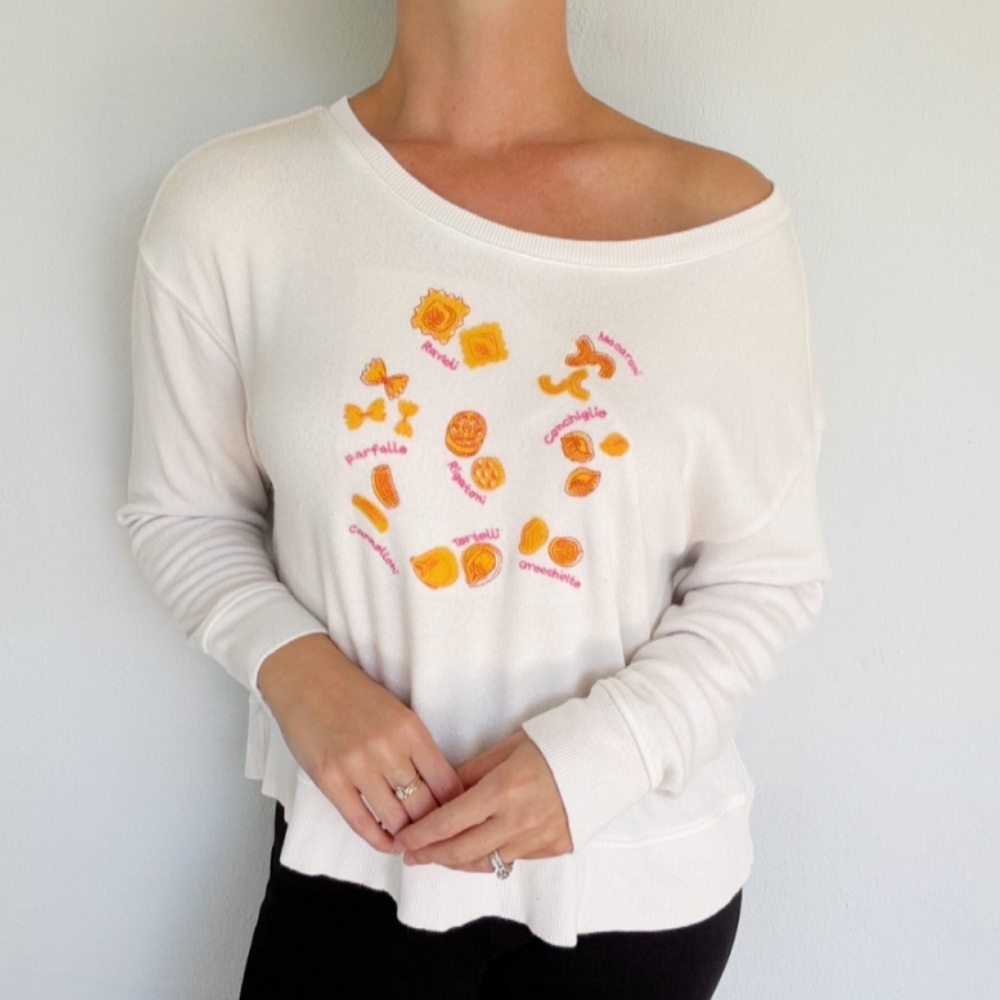 Jane and Delancey white yellow pasta print off-shoulder sweatshirt size medium
